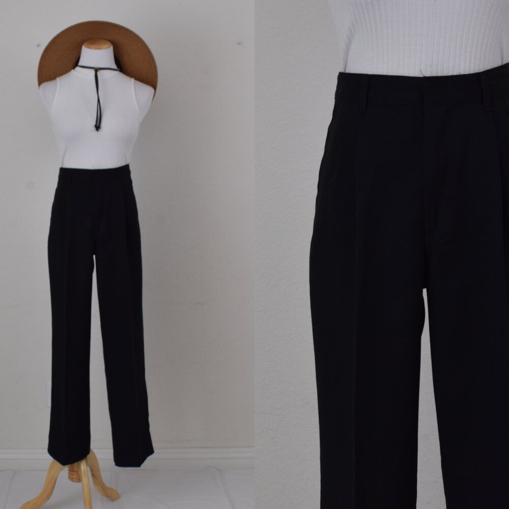 Vintage 90s Black Pleated Polyester Straight Leg‎ Pants | 28 waist